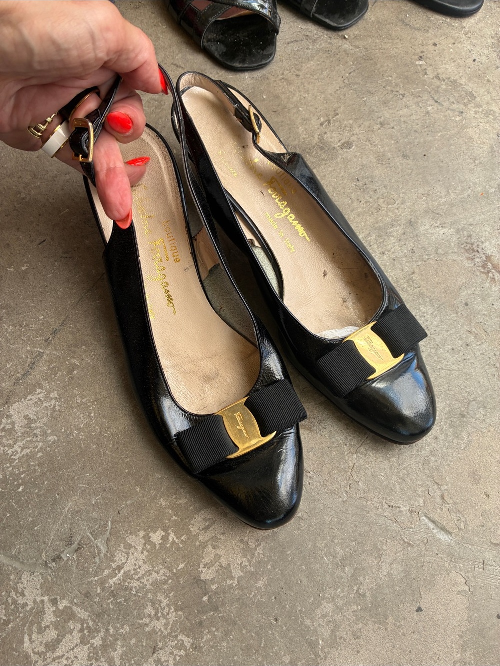 Salvatore Ferragamo Black Patent Vara Bow Slingback Flats